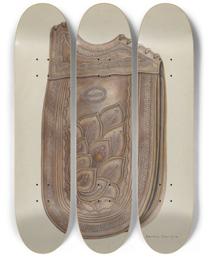 Triptych art skateboard deck of Bertha Semple Saddle Bag by Bertha Semple