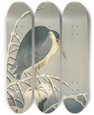 Triptych art skateboard deck of Ohara Koson Heron In Snow by Ohara Koson (1877-1945)