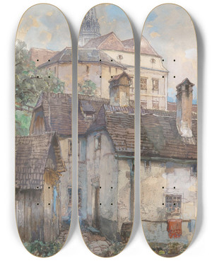 Triptych art skateboard deck of Fritz Lach A Motif From Steyr by Fritz Lach (1868-1933)