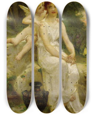 Triptych art skateboard deck of Guillaume Seignac Cupid Whispering To A Young Maiden by Guillaume Seignac (1870-1924)