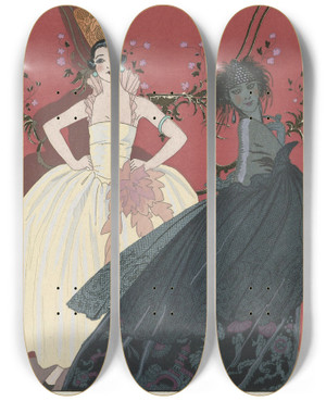 Triptych art skateboard deck of George Barbier Le Jour Et La Nuit by George Barbier (1882-1932)