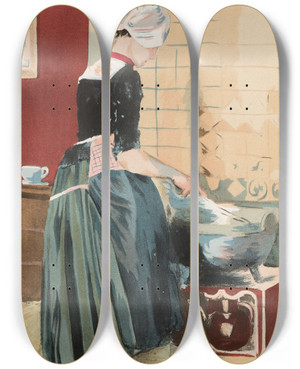 Triptych art skateboard deck of Ferdinand Jean Luigini La Servante by Ferdinand Jean Luigini (1870-1943)