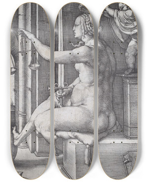 Triptych art skateboard deck of Lucas Van Leyden Justicia by Lucas Van Leyden (1494-1533)