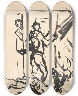Triptych art skateboard deck of Arnold Peter Weiszkubnan Leaving For A Hunt by Arnold Peter Weisz-Kubnan (1898-1944)