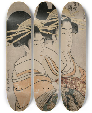 Triptych art skateboard deck of Kitagawa Utamaro The Courtesans Kasugano And Utahama Of Tamaya From The Series A Mirror Of Courtesans Of The Green Houses by Kitagawa Utamaro (1753-1806)