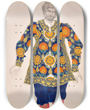 Triptych art skateboard deck of Lon Bakst Costume Design For Sadko Man With Embroidered Shirt And Red Boots by Leon Bakst (1866-1924)
