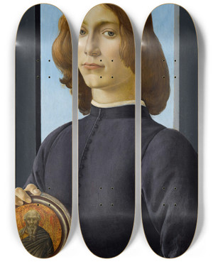 Triptych art skateboard deck of Sandro Botticelli Portrait Of A Young Man Holding A Roundel by Sandro Botticelli (1444-1510)