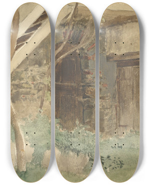 Triptych art skateboard deck of Friedrich Eduard Meyerheim A Wooden Door Of A Farm Building Near Merano by Friedrich Eduard Meyerheim (1808-1879)
