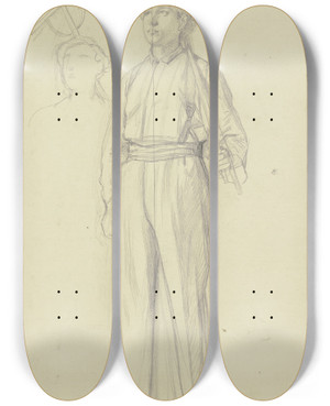 Triptych art skateboard deck of Jakob Becker Emporblickender Junger Bauer Mit Geschultertem Rechen by Jakob Becker (1810-1872)
