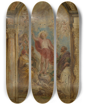 Triptych art skateboard deck of Peter Paul Rubens The Glorification Of The Eucharist by Peter Paul Rubens (1577-1640)