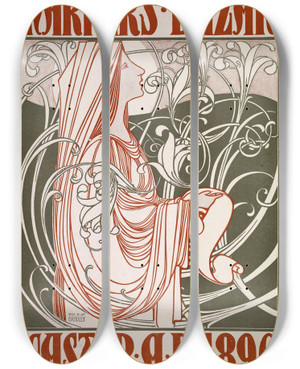 Triptych art skateboard deck of Will Bradley Harpers Bazar Easter A D 1896 by Will Bradley (1868-1962)
