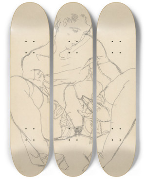 Triptych art skateboard deck of Egon Schiele Seated Woman In Chemise by Egon Schiele (1890-1918)