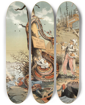 Triptych art skateboard deck of Grant Hamilton The Nations Ward by Grant Hamilton (1862-1926)