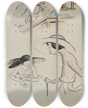 Triptych art skateboard deck of Georges Goursat Sem Chri Halbronn Mme Dartex Mme Brighton by Georges Goursat (Sem) (1863-1934)