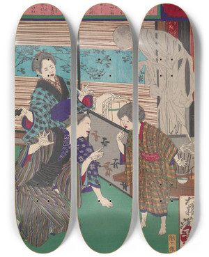 Triptych art skateboard deck of Tsukioka Yoshitoshi The Osaka Youth Who Regained His Speech After His Fathers Death by Tsukioka Yoshitoshi (1839-1892)