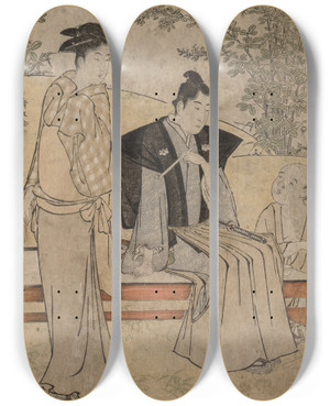 Triptych art skateboard deck of Torii Kiyonaga Two Lovers From The Series Brocades Of The East In Fashion by Torii Kiyonaga (1752-1815)