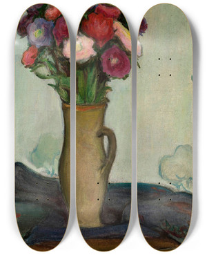 Triptych art skateboard deck of Wadysaw Lewiski Flowers In A Vase Asters by Wadysaw lewiski (1854-1918)