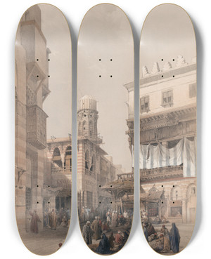 Triptych art skateboard deck of David Roberts Bazaar Of The Coppersmiths Cairo by David Roberts (1796-1864)