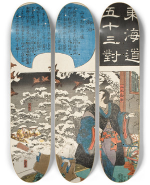 Triptych art skateboard deck of Utagawa Kuniyoshi Goyu The Thatched Hut Of Yamamoto Kansuke by Utagawa Kuniyoshi (1797-1861)