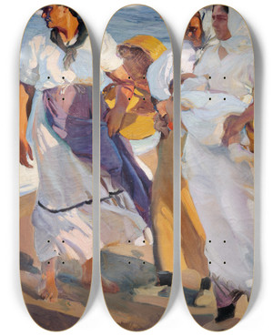 Triptych art skateboard deck of Joaqun Sorolla Fisherwomen From Valencia by Joaquin Sorolla (1863-1923)