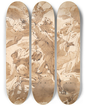 Triptych art skateboard deck of Ubaldo Gandolfi The Sacrifice Ofisaac by Ubaldo Gandolfi (1728-1781)