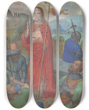 Triptych art skateboard deck of Simon Bening The Resurrection by Simon Bening (1483-1561)
