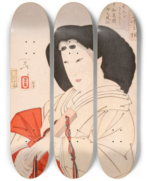 Triptych art skateboard deck of Tsukioka Yoshitoshi Elegant A Lady Of The Imperial Court In The Kywa Period 18011803 by Tsukioka Yoshitoshi (1839-1892)