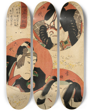 Triptych art skateboard deck of Utagawa Kunisada Toyokuni Iii Actors Ichikawa Danjr V As Akushichibei Kagekiyo Ichikawa Danjr Vi As Hanakawado Sukeroku And Ichikawa Kodanji Iv As Kitsune Tadanobu by Utagawa Kunisada (Toyokuni III) (1786-1865)