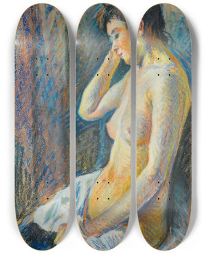 Triptych art skateboard deck of Maximilien Luce Nu Assis by Maximilien Luce (1858-1941)