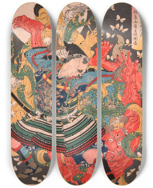 Triptych art skateboard deck of Tsukioka Yoshitoshi Gam Sadahides Servant Toki Motosada Hurling A Demon King To The Ground At Mount Inohana by Tsukioka Yoshitoshi (1839-1892)