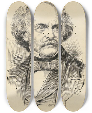 Triptych art skateboard deck of Jacques Reich Nathaniel Hawthorne by Jacques Reich (1852-1923)