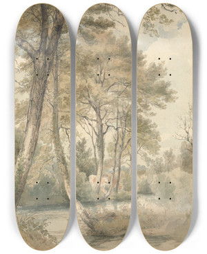Triptych art skateboard deck of Henry Edridge Stream With Trees And Cattle Near Bromley Hill Kent by Henry Edridge (1769-1821)