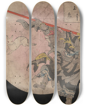 Triptych art skateboard deck of Tsukioka Yoshitoshi Tamausagi Songok_2 by Tsukioka Yoshitoshi (1839-1892)