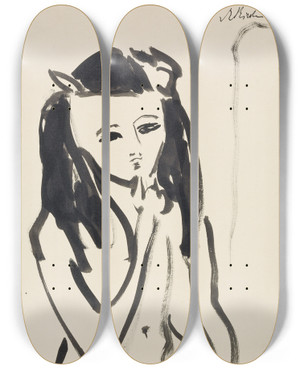 Triptych art skateboard deck of Ernst Ludwig Kirchner Frnzi As A Nude Her Hand On Her Chin by Ernst Ludwig Kirchner (1880-1938)