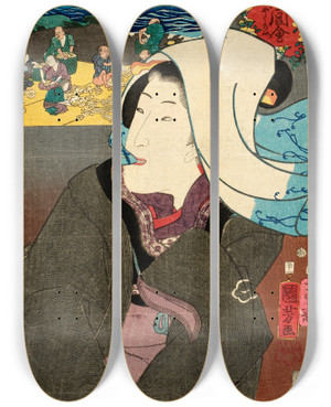 Triptych art skateboard deck of Utagawa Kuniyoshi Dried Abalone From Hki by Utagawa Kuniyoshi (1797-1861)