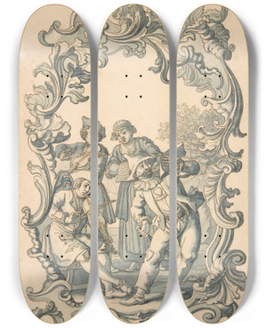 Triptych art skateboard deck of Georg Philipp Rugendas Ii Three Musicians And Harlequin In An Ornamental Frame by Georg Philipp Rugendas Ii (1701-1774)