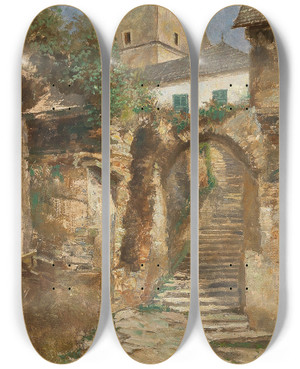 Triptych art skateboard deck of Paul Unbereit Wachau Scene Of Weissenkirchen On The Danube by Paul Unbereit (1884-1937)
