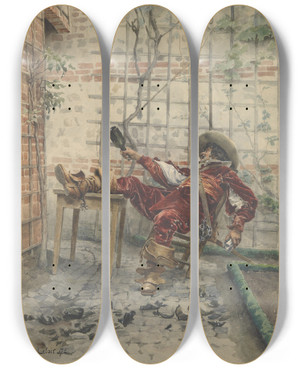 Triptych art skateboard deck of Alexandrelouis Leloir In His Cups by Alexandre-Louis Leloir (1843-1884)