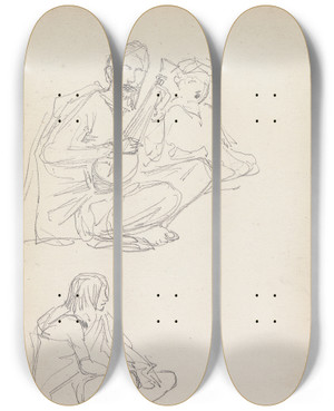 Triptych art skateboard deck of William Simpson Musicians And A Fakir Amritsar 25 March 1860 by William Simpson (1823-1899)