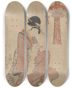 Triptych art skateboard deck of Kitagawa Utamaro Woman With Scroll by Kitagawa Utamaro (1753-1806)
