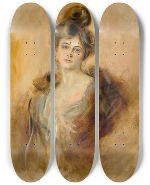 Triptych art skateboard deck of Franz Von Lenbach Portrait Of A Lady With Creole Earrings And A Fur Collar by Franz Von Lenbach (1836-1904)