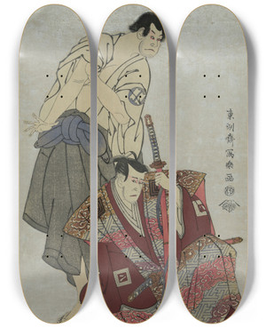 Triptych art skateboard deck of Tshsai Sharaku Sandaime Ichikawa Yaoz No Fuwa Banzaemon To Sandaime Sakata Hangor No Kosodate No Kannonb by Toshusai Sharaku (1794-1795)