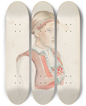 Triptych art skateboard deck of Adolph Tidemand Kvinne I Halvfigur Viky by Adolph Tidemand (1814-1876)