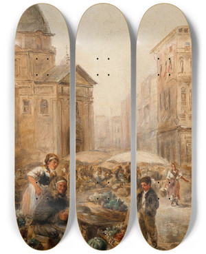 Triptych art skateboard deck of Emil Barbarini A Market Scene by Emil Barbarini (1855-1933)