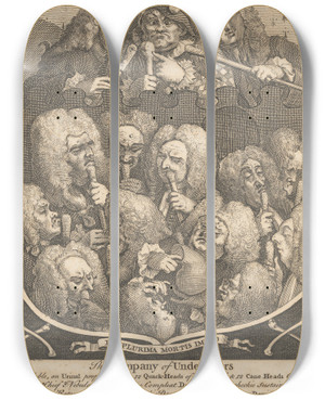Triptych art skateboard deck of William Hogarth The Company Of Undertakers by William Hogarth (1697-1764)