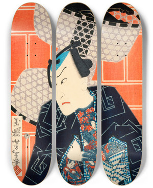 Triptych art skateboard deck of Tsukioka Yoshitoshi The Actor Kawarasaki Gonjr For A Fire Troupe by Tsukioka Yoshitoshi (1839-1892)