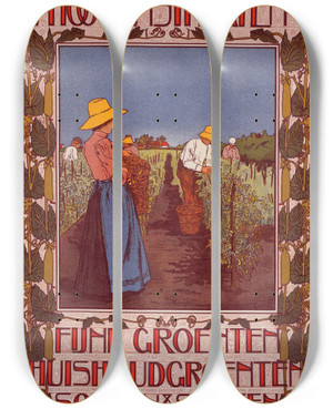 Triptych art skateboard deck of Johann Georg Van Caspel Whoogenstraaten Co by Johann Georg Van Caspel (1870-1928)