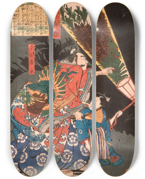 Triptych art skateboard deck of Tsukioka Yoshitoshi Oda Harunaga And A Page With A Lantern by Tsukioka Yoshitoshi (1839-1892)