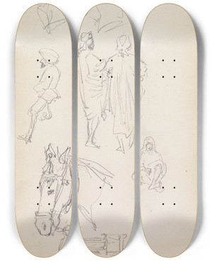 Triptych art skateboard deck of William Simpson A Doli A Horse And Figure Studies by William Simpson (1823-1899)