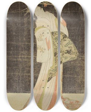Triptych art skateboard deck of Chbunsai Eishi A Selection Of Beauty From The Pleasure Quarters Seiro Bijin Awase Courtesans Hired For The New Years Holidays Takigawa Of The Ogiya by Chobunsai Eishi (1756-1829)